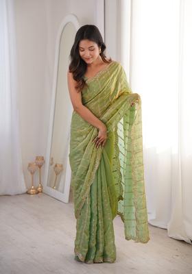 Green Sequin Work Silk Saree Set