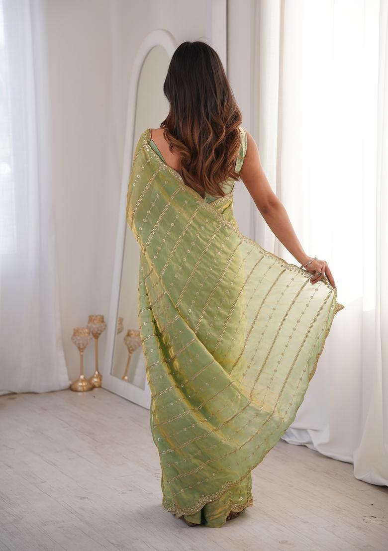 Green Sequin Work Silk Saree Set - Indya