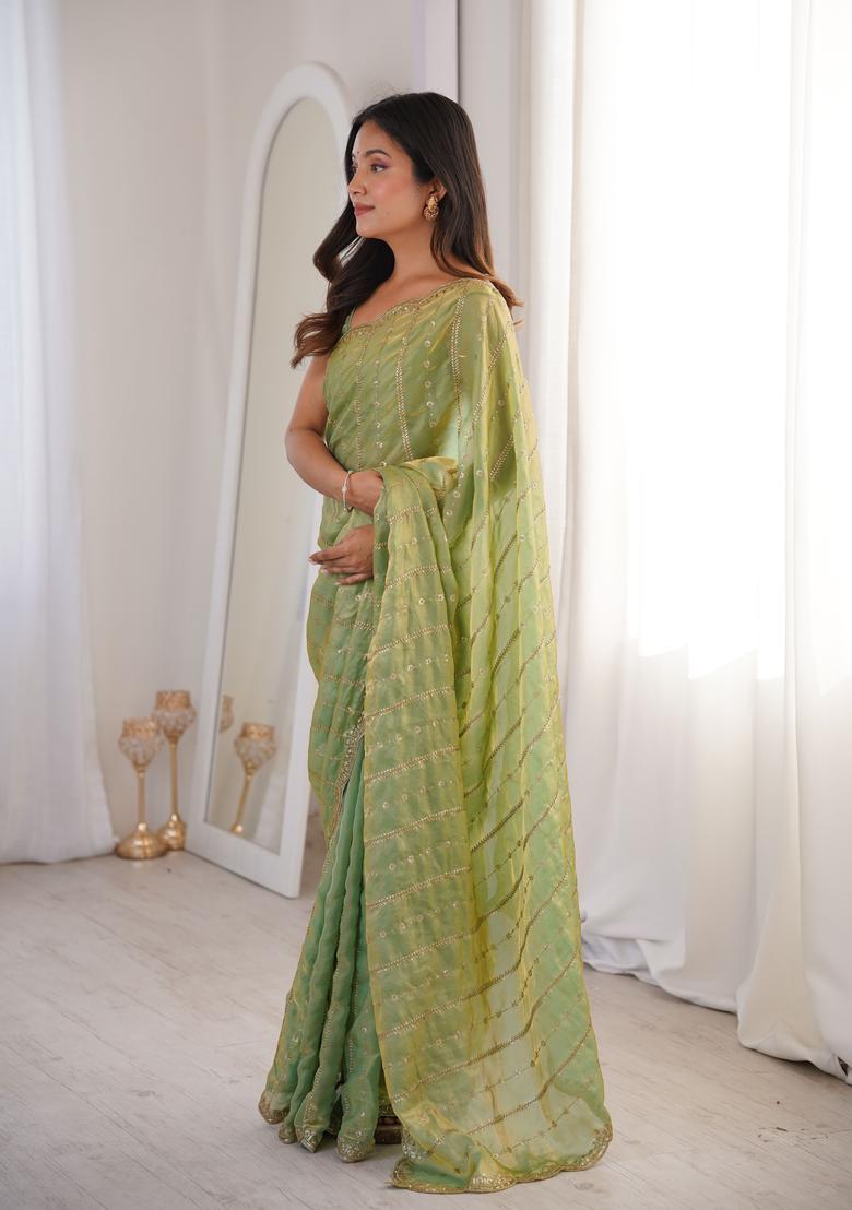 Green Sequin Work Silk Saree Set - Indya