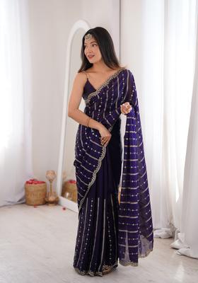 Purple Sequin Work Silk Saree Set