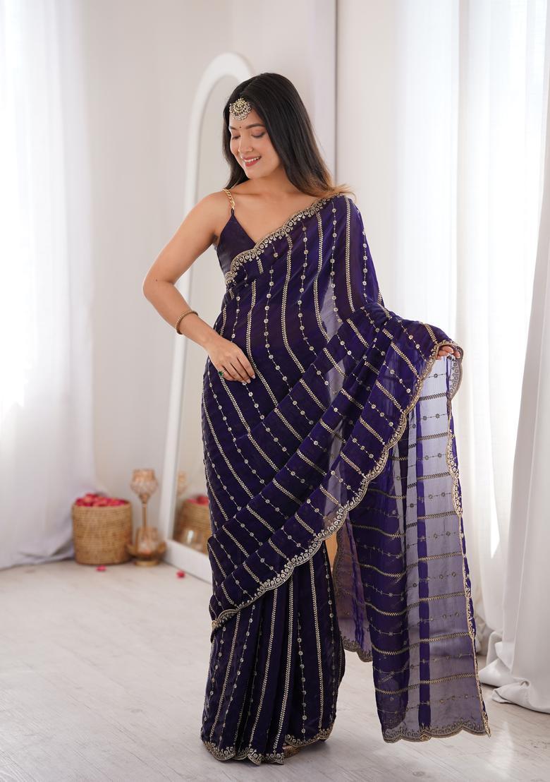 Purple Sequin Work Silk Saree Set - Indya