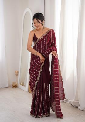Wine Sequin Work Silk Saree Set