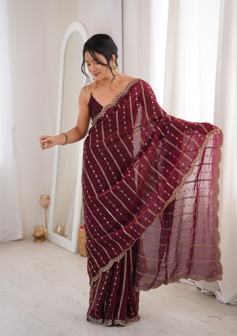 Wine Sequin Work Silk Saree Set - Indya