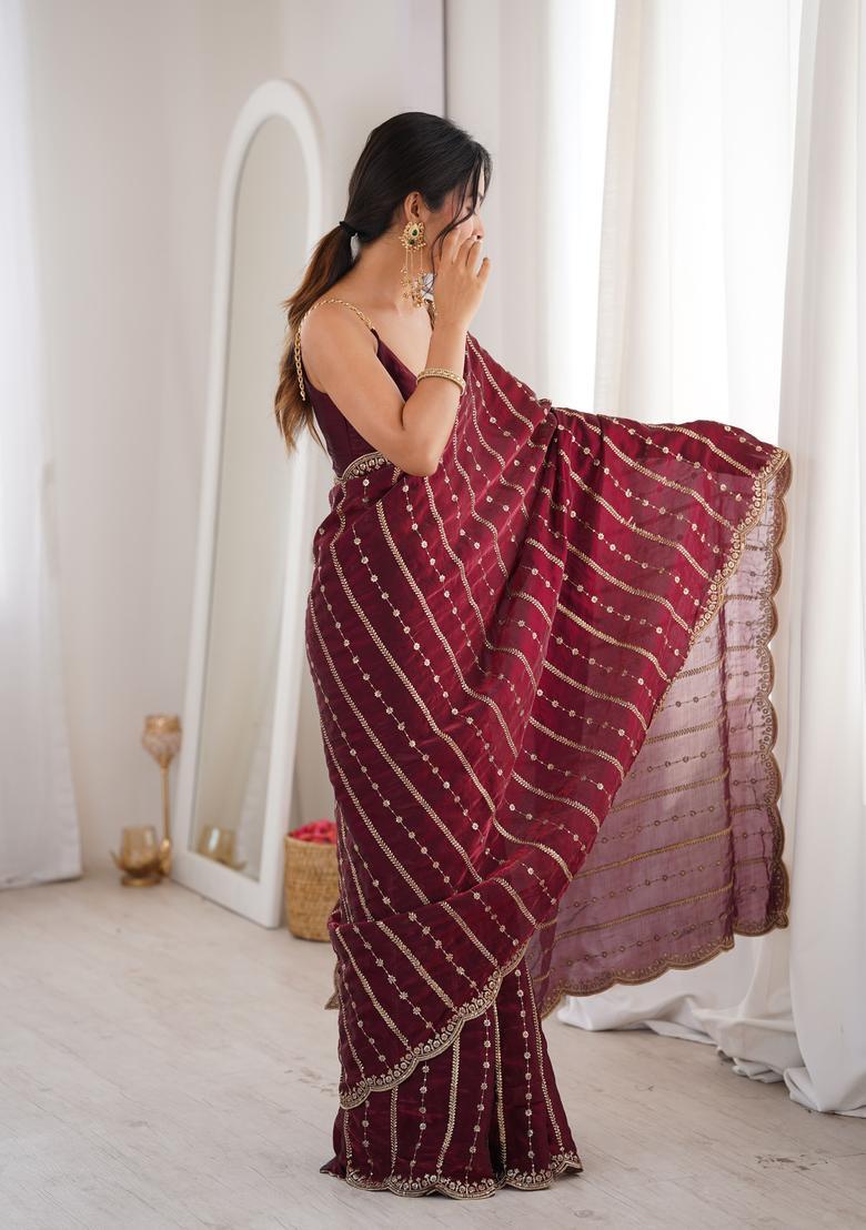 Wine Sequin Work Silk Saree Set - Indya