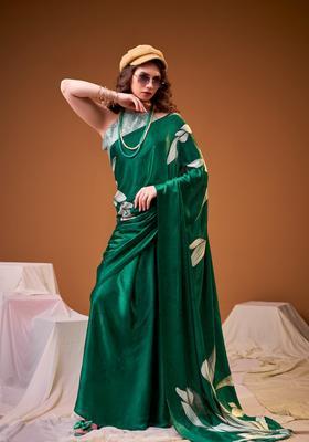 Green Floral Print Silk Saree Set