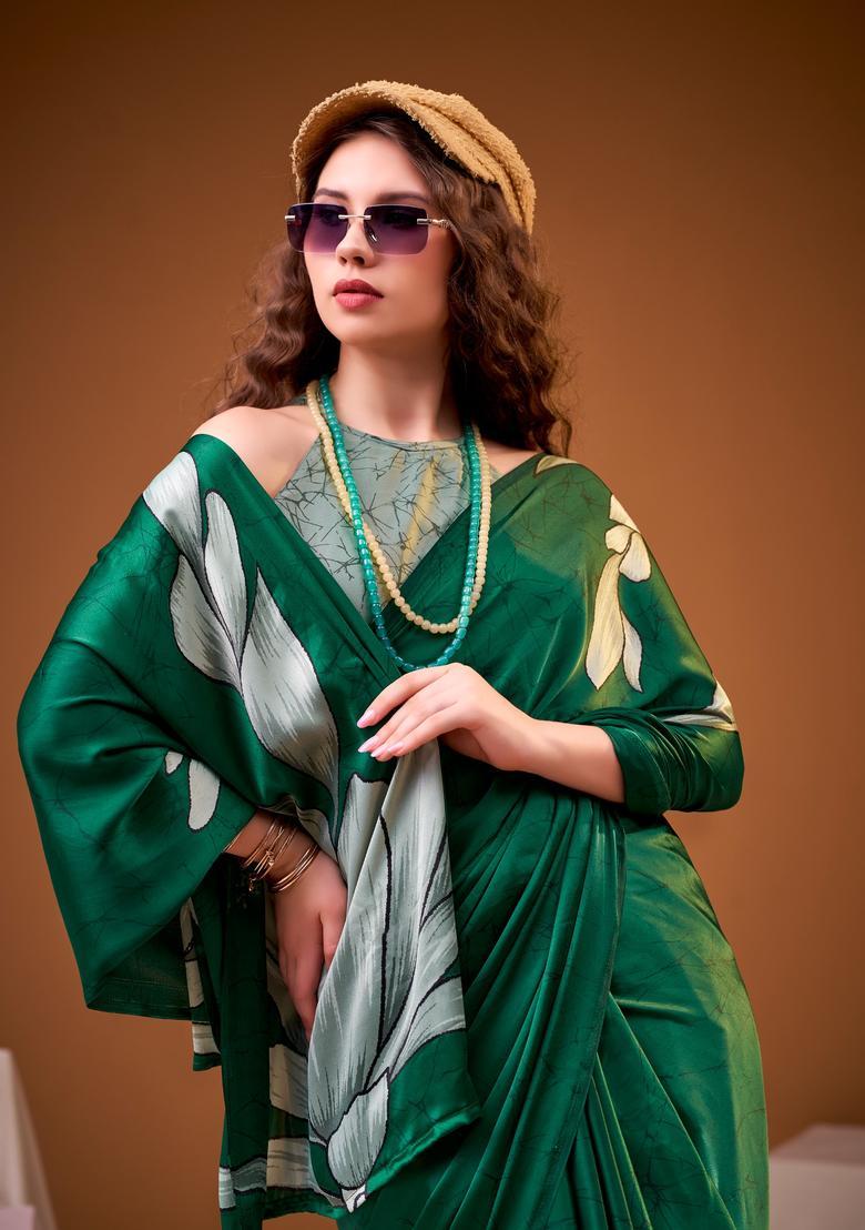 Green Floral Print Silk Saree Set - Indya