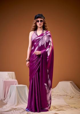 Purple Floral Print Silk Saree Set