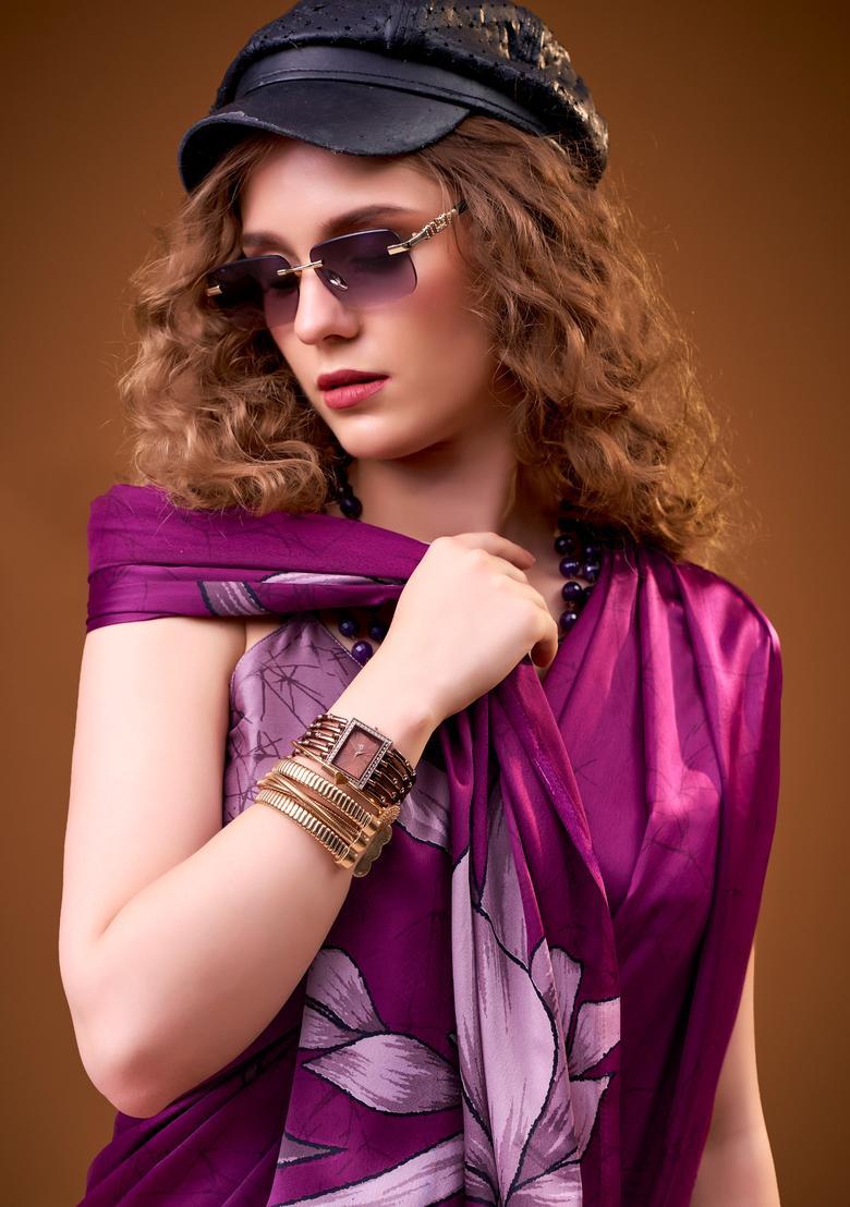 Purple Floral Print Silk Saree Set - Indya