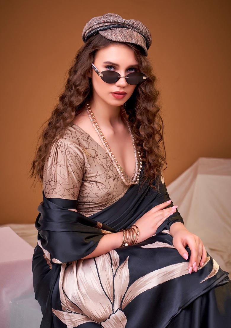 Black Floral Print Silk Saree Set - Indya