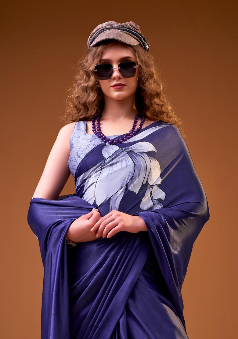 Blue Floral Print Silk Saree Set - Indya