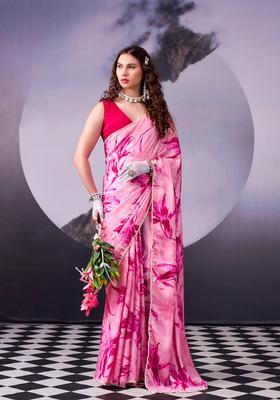 Pink Printed Silk Saree Set