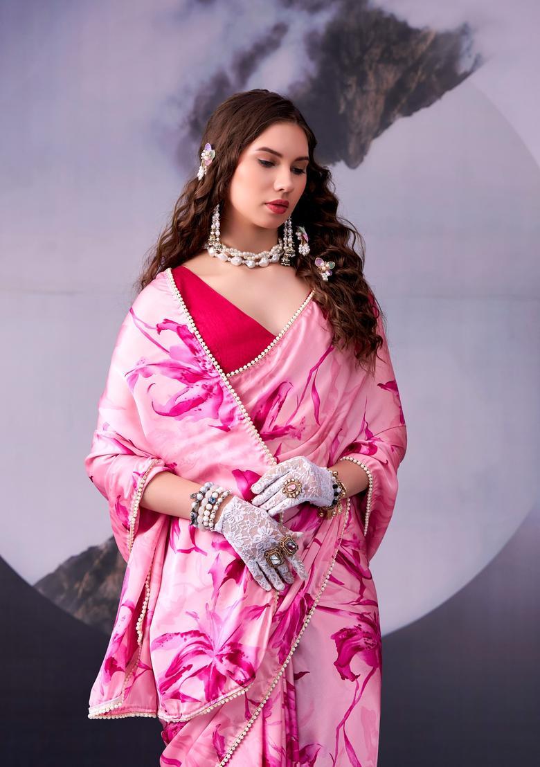 Pink Printed Silk Saree Set - Indya