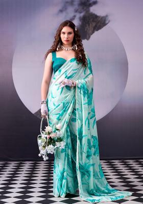 Sea Green Printed Silk Saree Set