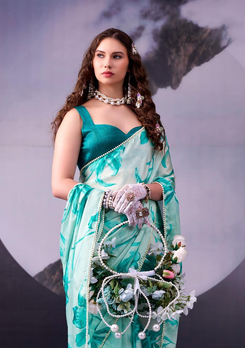 Sea Green Printed Silk Saree Set - Indya