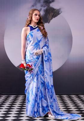 Blue Printed Silk Saree Set