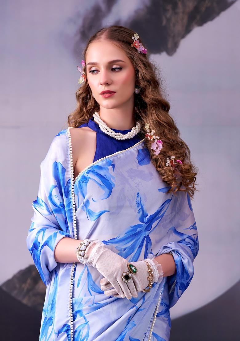 Blue Printed Silk Saree Set - Indya