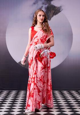 Red Printed Silk Saree Set
