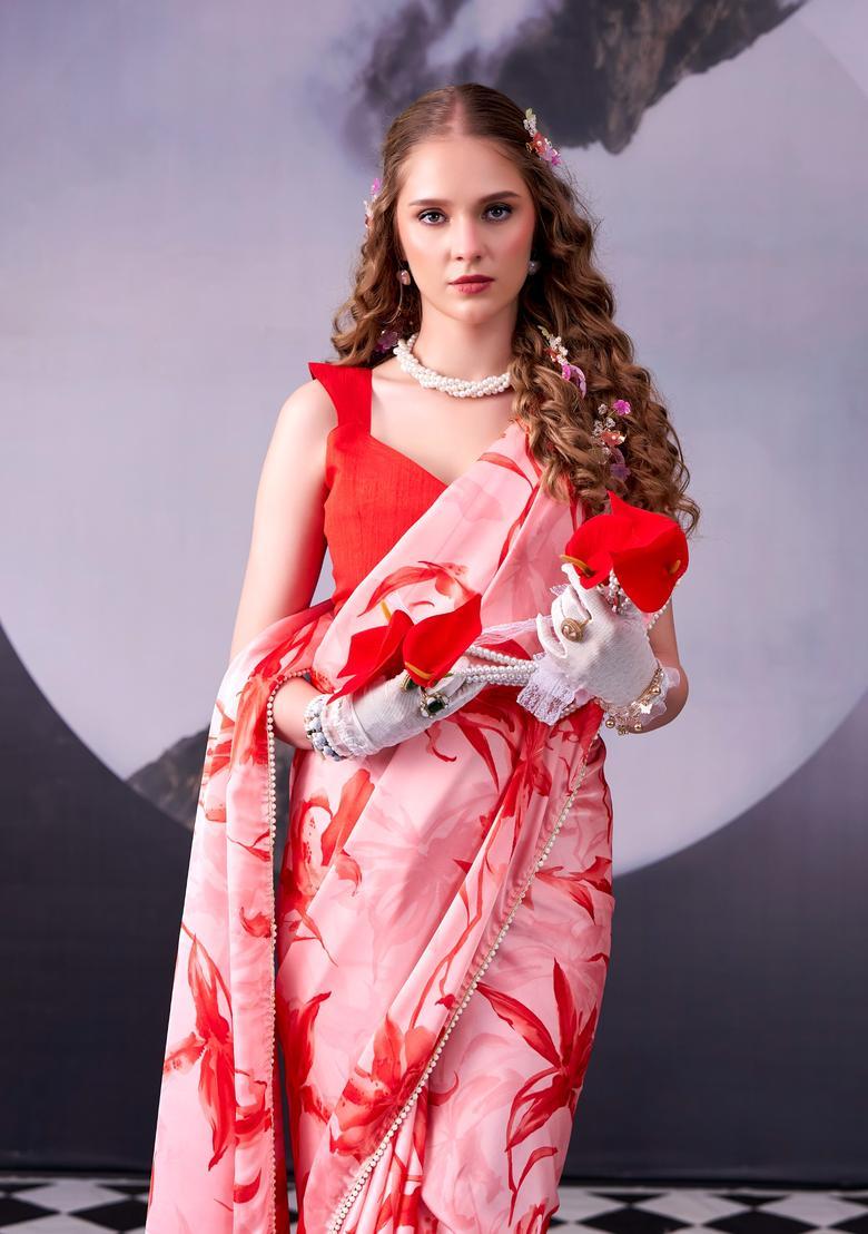 Red Printed Silk Saree Set - Indya