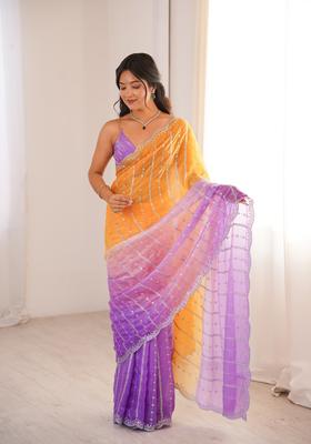 Purple Sequin Work Silk Saree Set