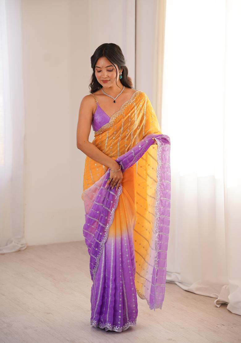 Purple Sequin Work Silk Saree Set - Indya