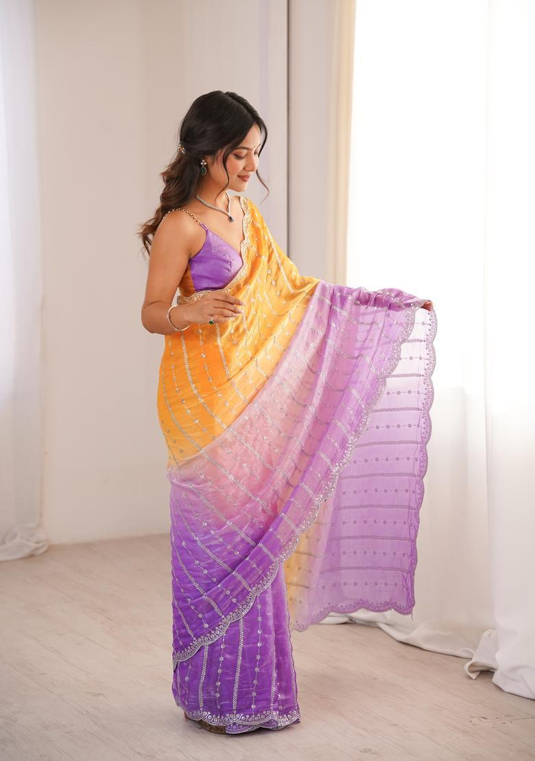 Purple Sequin Work Silk Saree Set - Indya