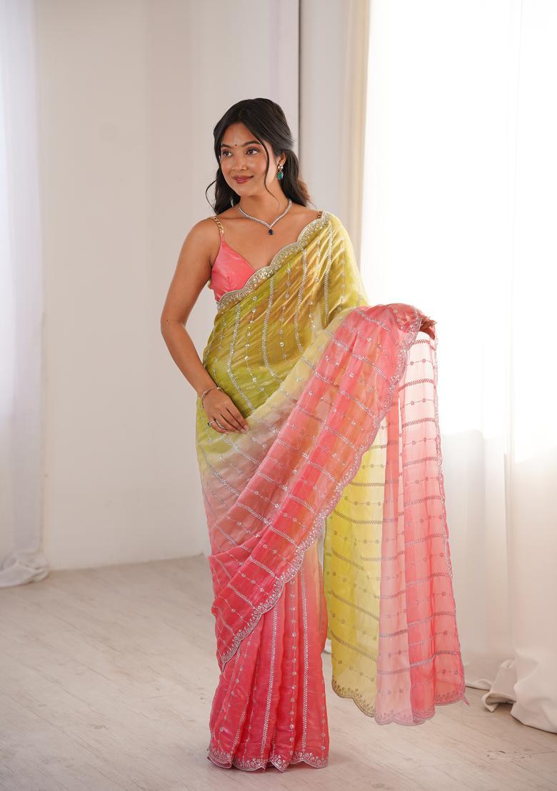 Green Sequin Work Silk Saree Set - Indya