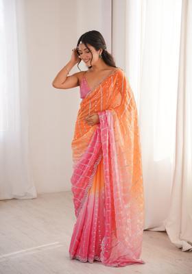 Orange Sequin Work Silk Saree Set