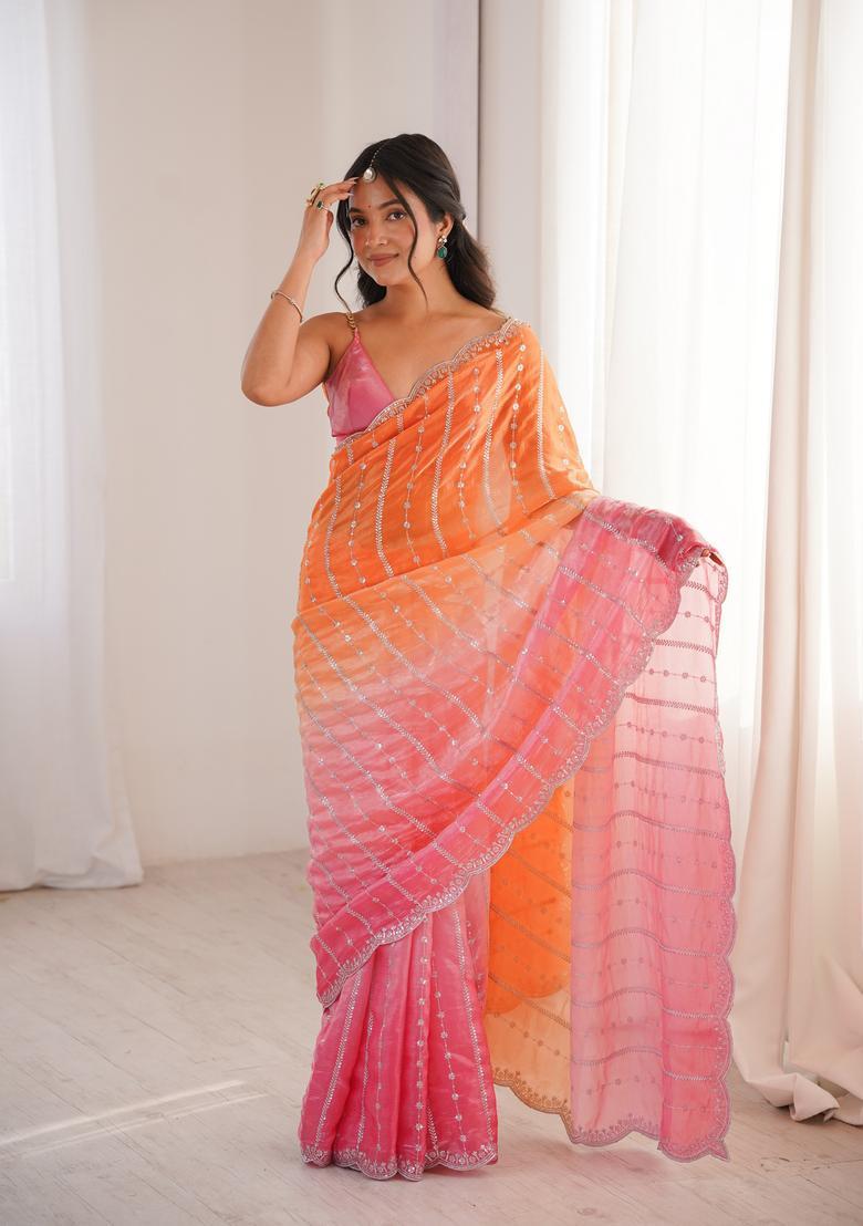 Orange Sequin Work Silk Saree Set - Indya