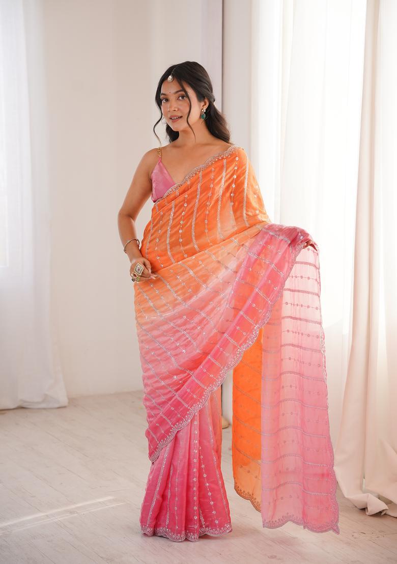 Orange Sequin Work Silk Saree Set - Indya