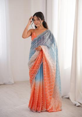 Blue Sequin Work Silk Saree Set