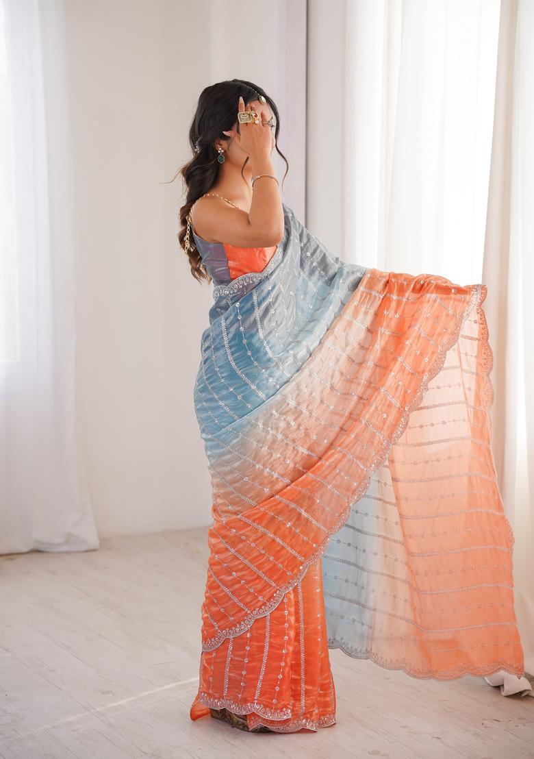 Blue Sequin Work Silk Saree Set - Indya
