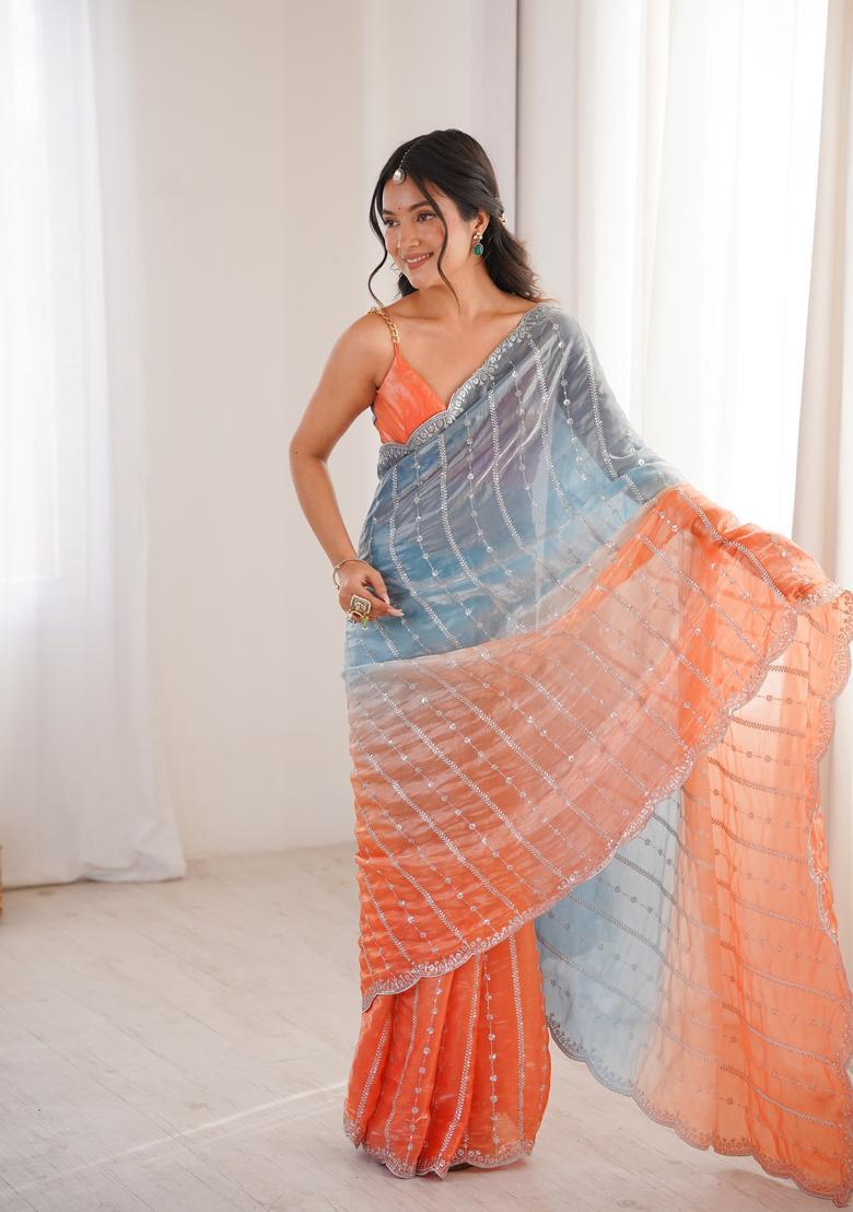 Blue Sequin Work Silk Saree Set - Indya
