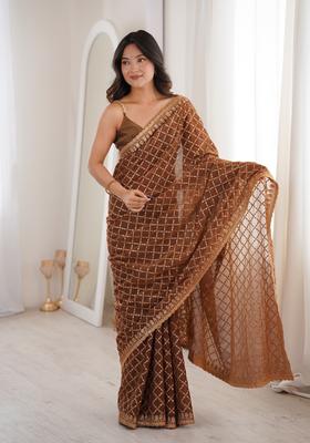 Brown Sequin Work Silk Saree Set