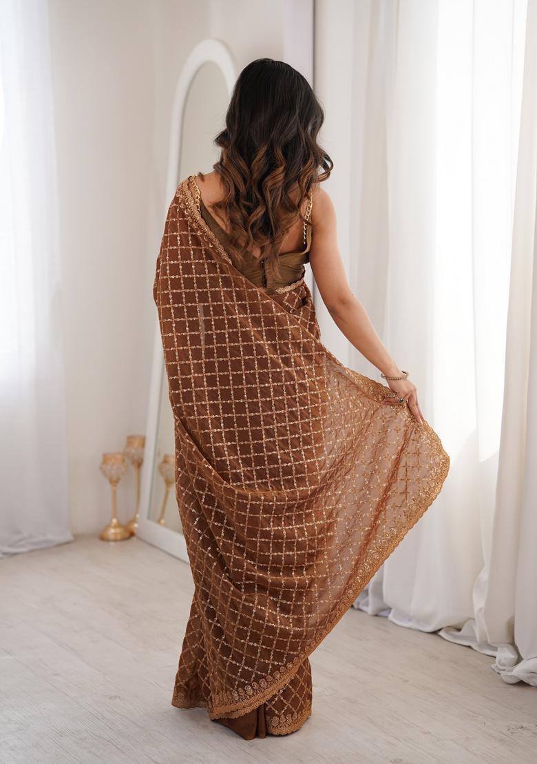 Brown Sequin Work Silk Saree Set - Indya