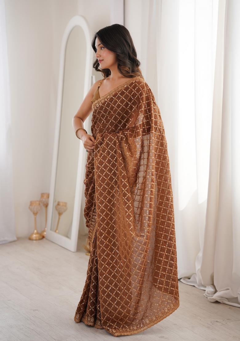 Brown Sequin Work Silk Saree Set - Indya