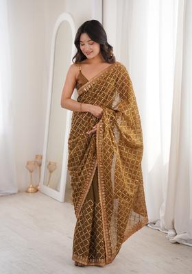 Coffee Sequin Work Silk Saree Set