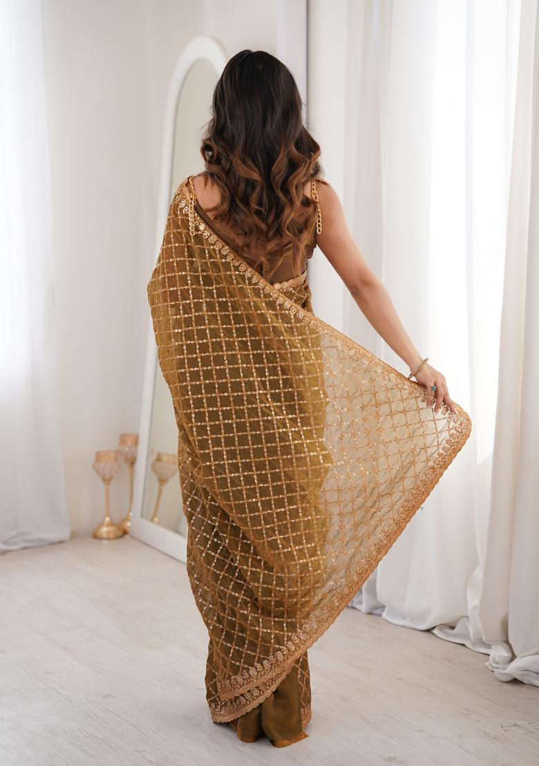 Coffee Sequin Work Silk Saree Set - Indya