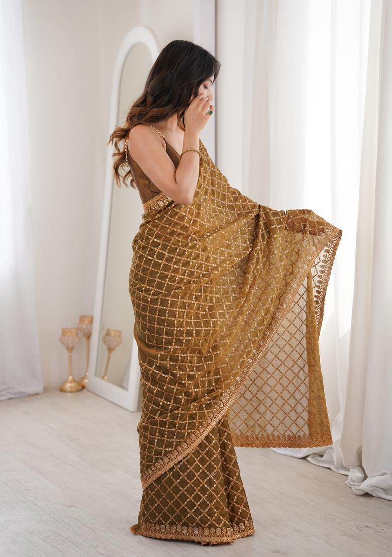 Coffee Sequin Work Silk Saree Set - Indya