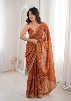 Orange Sequin Work Silk Saree Set