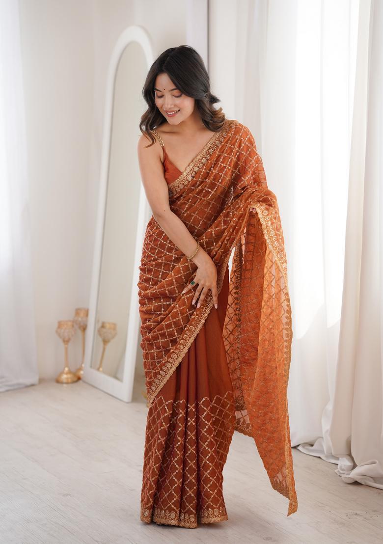 Orange Sequin Work Silk Saree Set - Indya