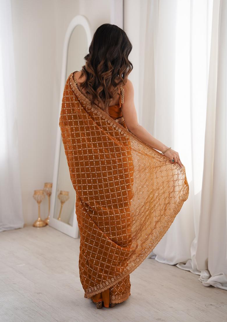 Yellow Sequin Work Silk Saree Set - Indya