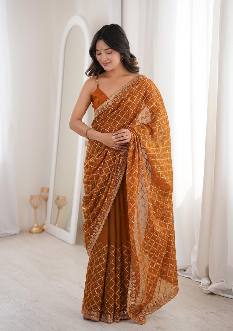 Yellow Sequin Work Silk Saree Set - Indya