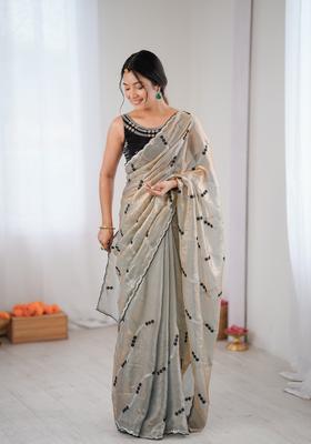 Brown Sequin Work Silk Saree Set