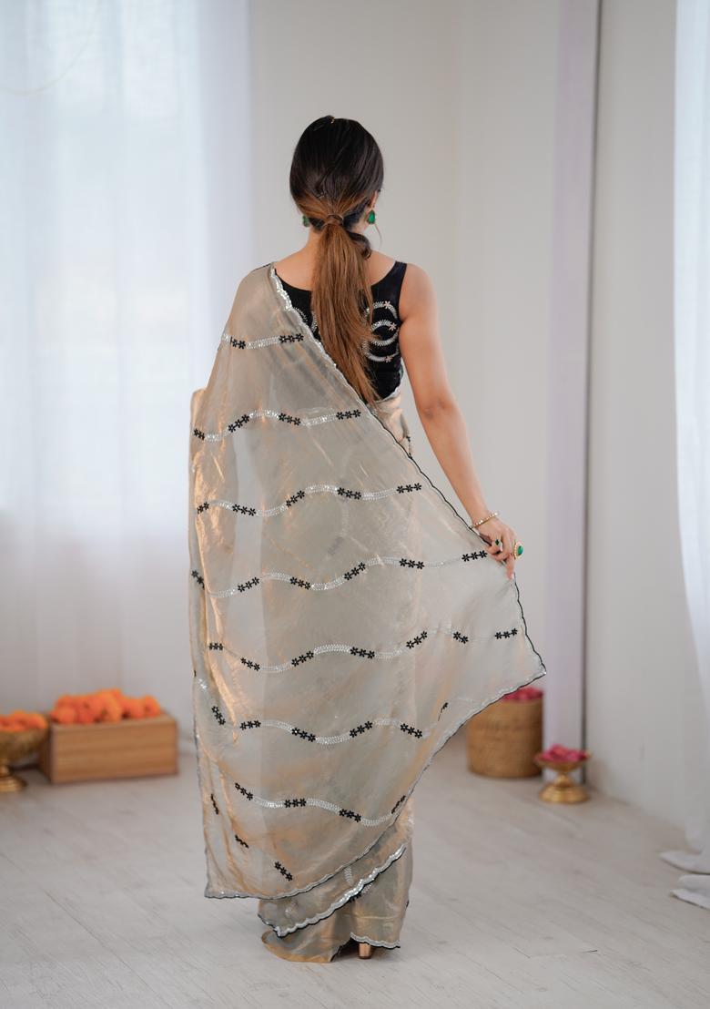 Brown Sequin Work Silk Saree Set - Indya