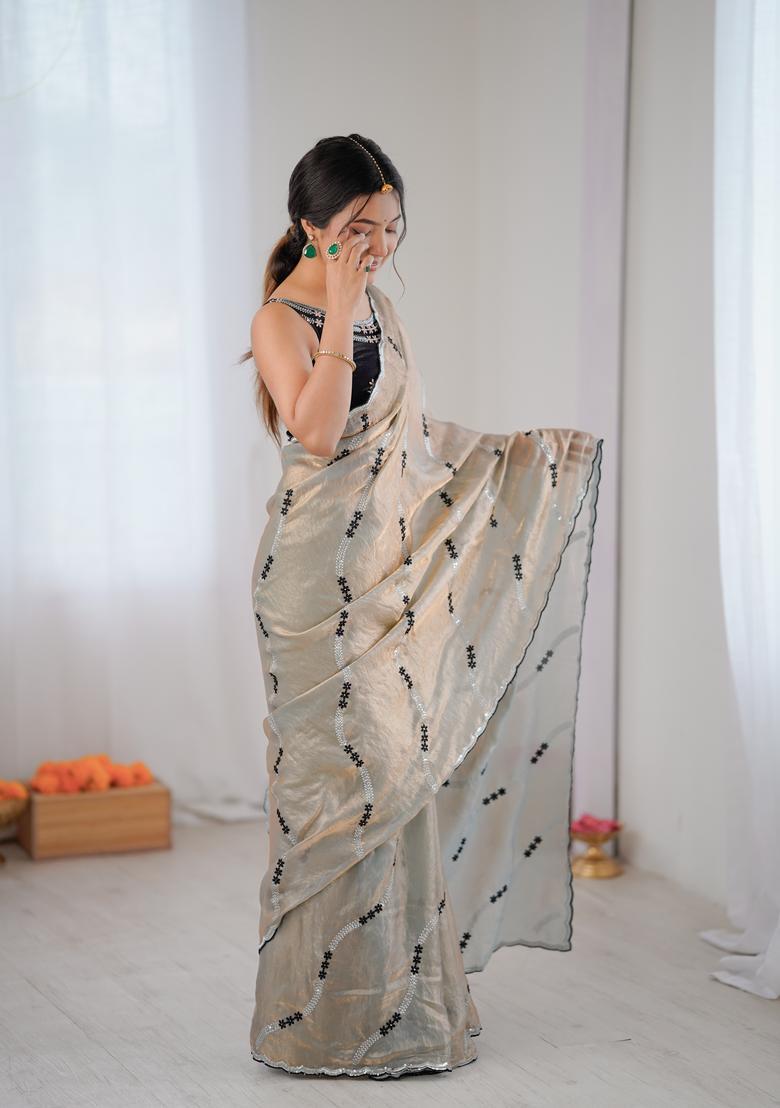 Brown Sequin Work Silk Saree Set - Indya