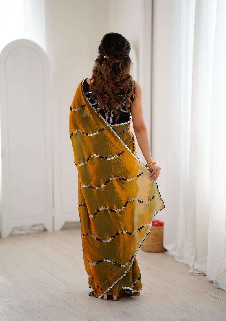Golden Sequin Work Silk Saree Set - Indya