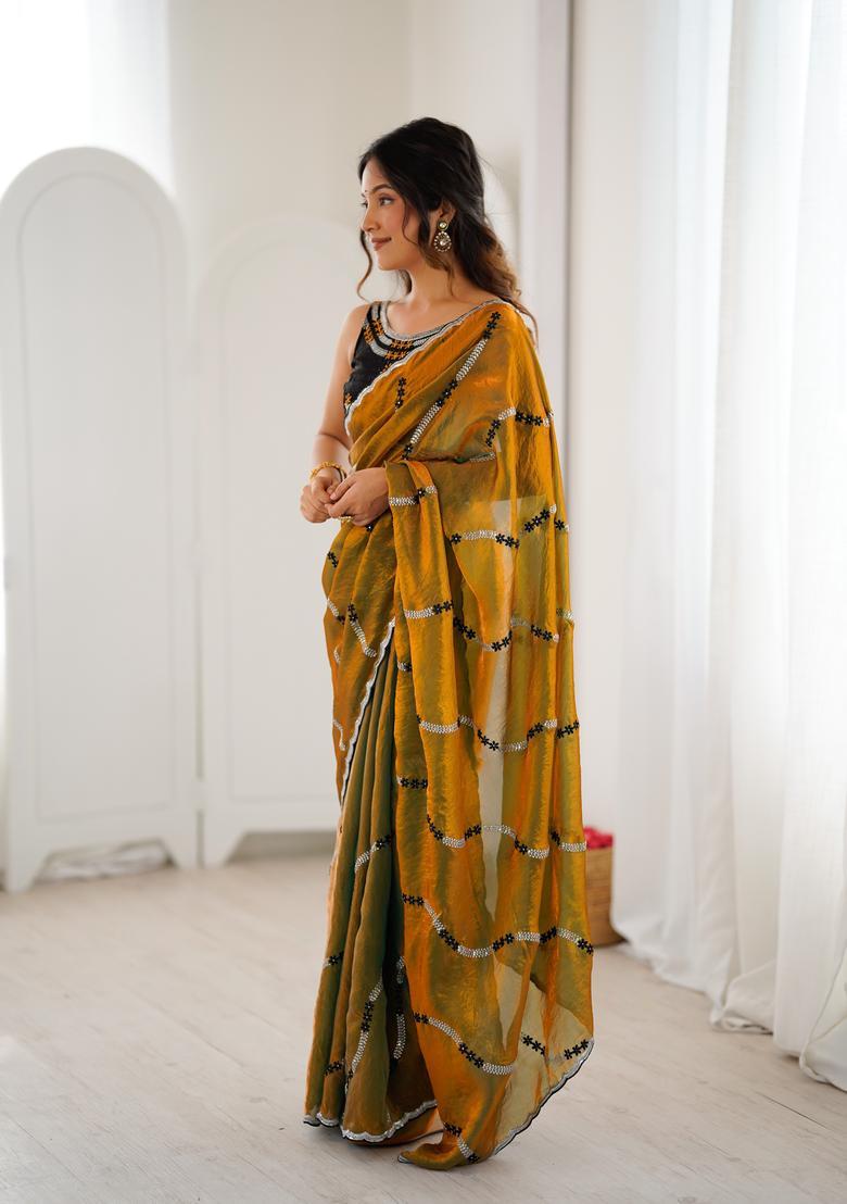 Golden Sequin Work Silk Saree Set - Indya