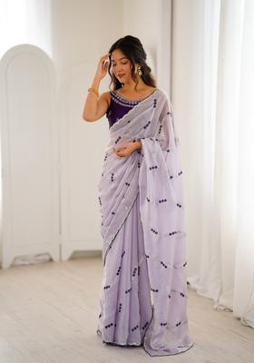Lavender Sequin Work Silk Saree Set