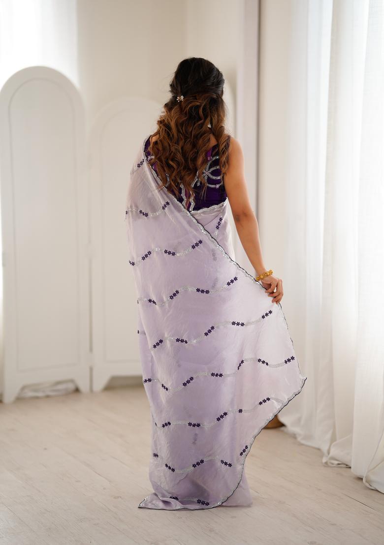 Lavender Sequin Work Silk Saree Set - Indya