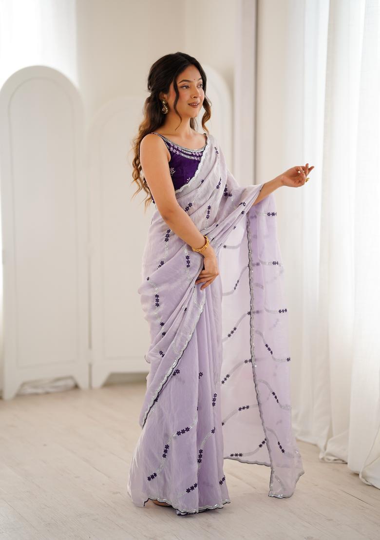 Lavender Sequin Work Silk Saree Set - Indya